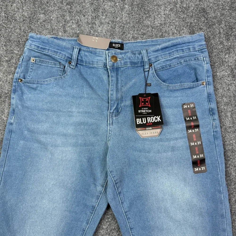 Blu Rock Jeans Mens 34x31 Slim Fit Light Blue 4 Way Stretch Flex Denim NWT